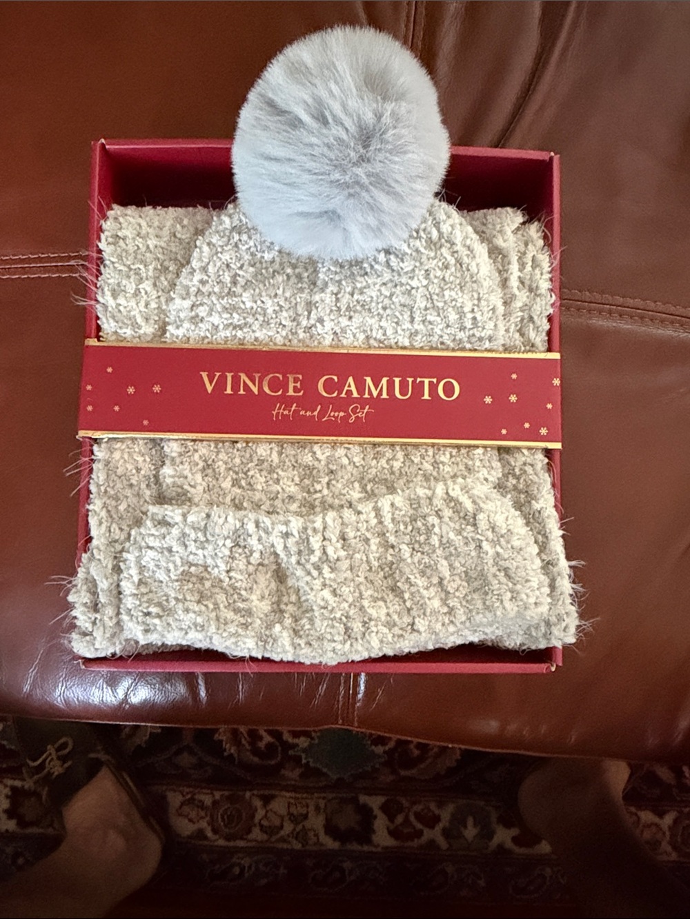 Vince Camuto Cream Knit Pom Beanie and Loop Scarf Set